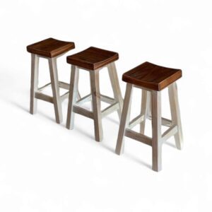 Pack 3 taburetes rústicos blanco albayalde y cubierta color roble