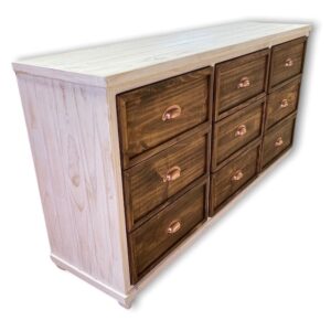 Comoda cajonera rústica 9 cajones color blanco decapado y nogal
