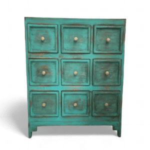 Cómoda cajonera 9 cajones, color petróleo decapado