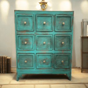 Cómoda cajonera 9 cajones, color petróleo decapado