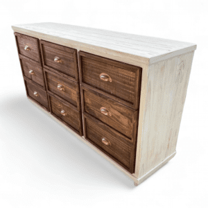 Comoda cajonera rústica 9 cajones color blanco decapado y nogal