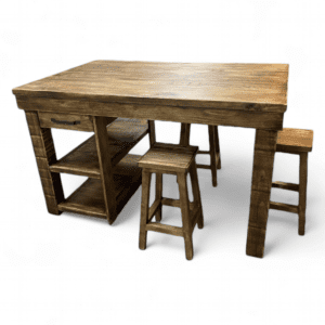 isla rústica madera con taburetes