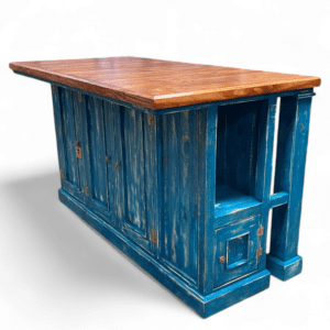 Isla rústica con 3 taburetes color azul decapado y cubierta nogal