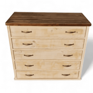 Cómoda rústica 5 cajones blanco decapado cubierta café nogal