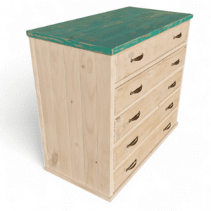 Cómoda rústica 5 cajones blanco decapado y cubierta turques