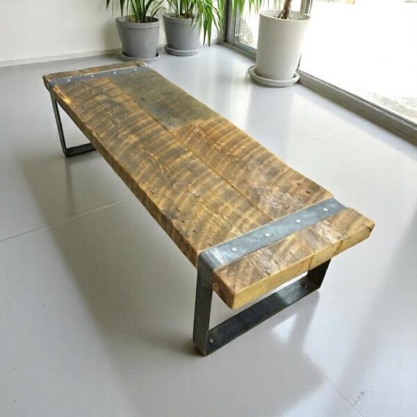 Banqueta artesanal de acero y madera maciza de 150 cm – estilo moderno-industrial para sala de estar, entrada o sala de espera.